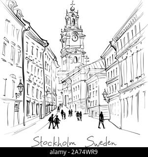 Il vettore in bianco e nero schizzo della chiesa di San Nicola, la cattedrale di Stoccolma o Storkyrkan, la Gamla Stan nella Città Vecchia di Stoccolma, la capitale della Svezia Illustrazione Vettoriale