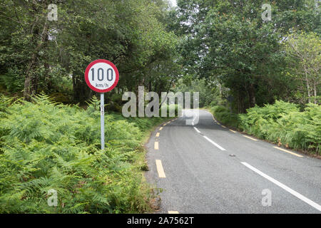 100km e ora limite di velocità su un irish country road green lane con una curva pericolosa Foto Stock