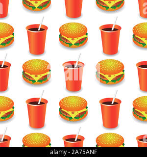 Street Fast Food Pattern senza giunture. Hamburger freschi e bevanda fredda. Malsana ad alto contenuto calorico pasto. Set di panini Foto Stock