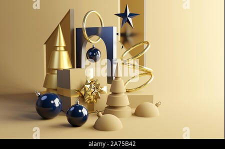 Contemporaneo di sfondo di Natale con forme astratte, alberi e presenta in oro. 3D'illustrazione. Foto Stock