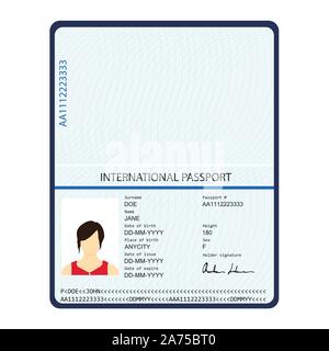 Passaporto con i dati biometrici. Documento di identificazione. internazionale modello di passaporto con campione di dati personali pagina Illustrazione Vettoriale
