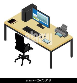 Programmatore freelance di posto di lavoro scrivania e poltrona. Computer, notebook, stampante , tavoletta grafica, la videocamera e il pc portatile sulla scrivania in ufficio. Happ Illustrazione Vettoriale