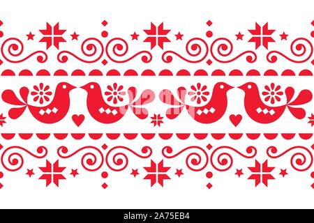 Natale scandinavo folk art vector seamless pattern con fiori, uccelli e fiocchi di neve, nordic design di festa in rosso una white Illustrazione Vettoriale
