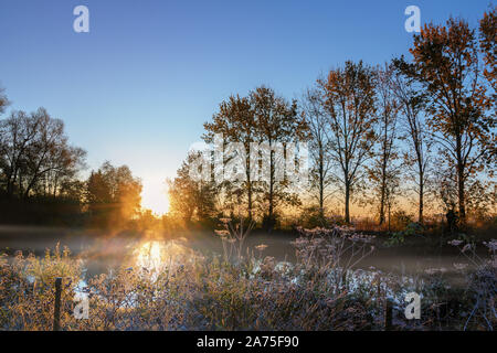 Tramonto su un lago di nebbia in una fredda mattina di autunno Foto Stock