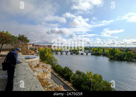 Il fiume Douro passando attraverso Zamora sulla sua strada verso l'atlantico a Porto in Portogallo. Zamora, Spagna. Foto Stock