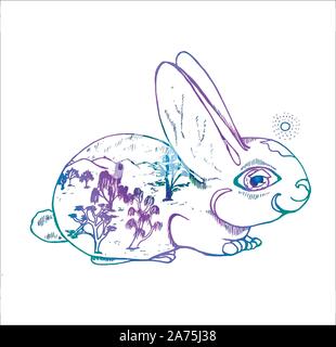 Foto a colori di lepre con un grande occhio. Alberi, montagne, il mondo intero in lui. Illustrazione Vettoriale