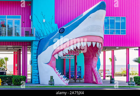 Una testa di squalo ingresso e luminoso edificio rosa saluta i clienti a Sharkheads souvenir shop, Ottobre 22, 2019, in Biloxi Mississippi. Foto Stock