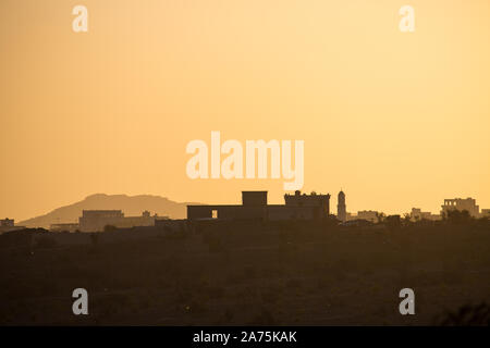 Sunset over villge in Jebel Akhdar, Oman Foto Stock