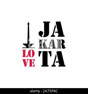 Jakarta disegnati a mano lettering del vettore e il Monumento Nazionale di torre. La calligrafia moderna scritta della spazzola. Jakarta lettering di inchiostro. Elemento di design per le carte di pagamento, Illustrazione Vettoriale