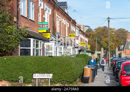 Fila di terrazzamenti case dello studente in Selly Oak, Birmingham con di affittare i segni che sono affittati a studenti di università di Birmingham Foto Stock