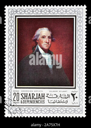 Annullato francobollo stampato da Sharjah, che mostra la pittura da Gilbert Stuart, circa 1968. Foto Stock