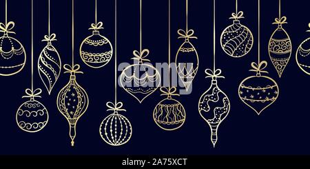 Elegante disegnato a mano Ornamenti natale senza giunture orizzontali, decorate baubles appendere, grande per natale incarto, banner, inviti, sfondo Illustrazione Vettoriale