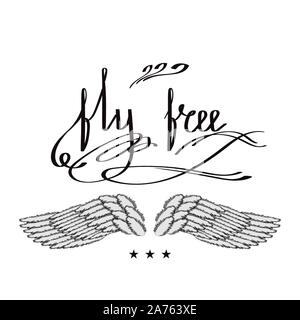 Angelo o ali di Phoenix. Il logo alato Design. Parte di Eagle Bird. Fly testo libero. Disegnato a mano Lettering motivazionali. Illustrazione Vettoriale