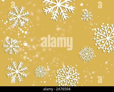 I fiocchi di neve su fondo oro per l'inverno con lo spazio di testo. Sfondo astratto, biglietto di auguri per Natale e una vacanza in inverno. Foto Stock