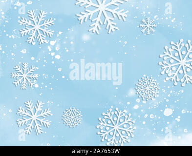 I fiocchi di neve su blu chiaro disegno ad acquerello per l'inverno con lo spazio di testo. Sfondo astratto, biglietto di auguri per Natale e una vacanza in inverno. Foto Stock