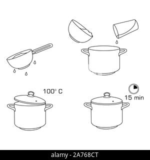 Come cuocere il riso con pochi ingredienti ricetta facile. Istruzioni sul riso processi decisionali per la prima colazione. Ciotola calda con il cibo gustoso. Illustrazione Vettoriale