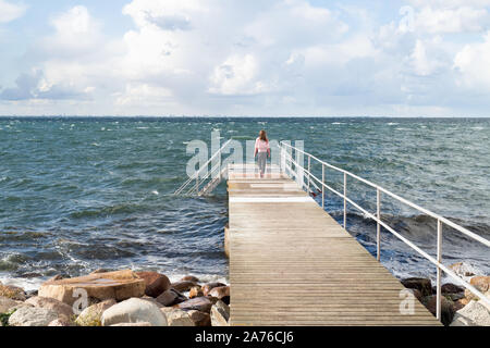 Vista posteriore della donna in piedi sul molo di oceano Foto Stock