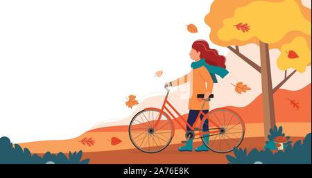 Ragazza con bike nel Parco in autunno. Carino illustrazione vettoriale in stile appartamento. Illustrazione Vettoriale