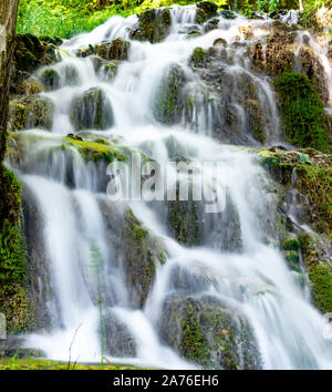 Belle cascate nel villaggio di Donji Taor, vicino a Valjevo, Serbia, Taorska vrela. Piante verdi e moss bloom accanto all'acqua che scorre verso il basso le rocce Foto Stock