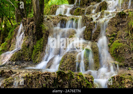 Belle cascate nel villaggio di Donji Taor, vicino a Valjevo, Serbia, Taorska vrela. Piante verdi e moss bloom accanto all'acqua che scorre verso il basso le rocce Foto Stock