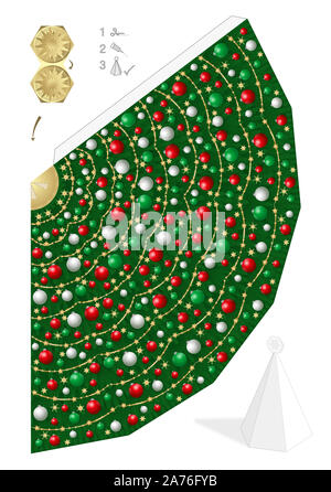 Modello di carta di albero di natale con il rosso, verde e bianco Natale palle e stelle di paglia. Modello per tagliare, per la piegatura e la colla. Foto Stock