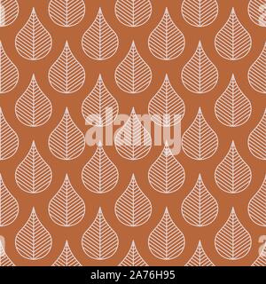 Linea di fogliame lascia seamless pattern. Vector brown ripetere lo sfondo. Illustrazione Vettoriale