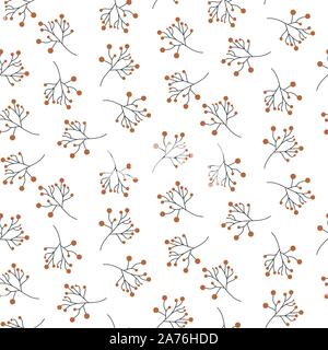 Semplice caduta seamless pattern con piante e rami. Vettore di frutti di bosco in autunno sfondo bianco. Illustrazione Vettoriale