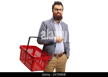 Uomo Barbuto con un vuoto carrello isolato su sfondo bianco Foto Stock