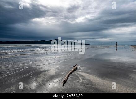 Spiaggia Spiaggia Waikanae con drammatica nuvole, dietro Kapiti Island, Waikanae, Isola del nord, Nuova Zelanda Foto Stock