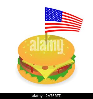 Street Fast Food. Hamburger freschi e bandiera americana. Malsana ad alto contenuto calorico pasto. Panino con formaggio Illustrazione Vettoriale
