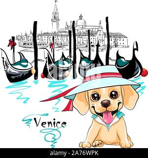 Vector piccolo grazioso cucciolo bianco Labrador Retriever cane a Venezia, Italia. Illustrazione Vettoriale
