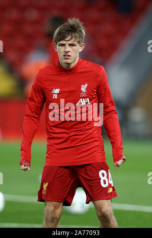 Liverpool, Regno Unito. 30 ott 2019. Leighton Clarkson di Liverpool durante il warm up. Carabao cup, EFL Cup round 4 corrispondono, Liverpool v Arsenal ad Anfield Stadium di Liverpool mercoledì 30 ottobre 2019. Questa immagine può essere utilizzata solo per scopi editoriali. Solo uso editoriale, è richiesta una licenza per uso commerciale. Nessun uso in scommesse, giochi o un singolo giocatore/club/league pubblicazioni. pic da Chris Stading/Andrew Orchard fotografia sportiva/Alamy Live news Credito: Andrew Orchard fotografia sportiva/Alamy Live News Foto Stock