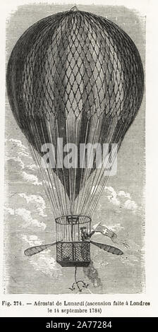 Presidiati mongolfiera dal capitano Vincenzo Lunardi, Italiano aeronaut daredevil, a Londra, settembre 1784. Woodblock incisione da Louis Figuier 'Les Merveilles de la Science: Aerostats' (meraviglie della scienza: Aria palloncini), Furne, Jouvet et Cie, Parigi, 1868. Foto Stock