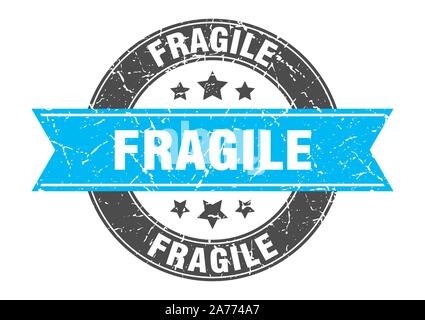Fragile timbro rotondo con nastro color turchese. fragile Illustrazione Vettoriale