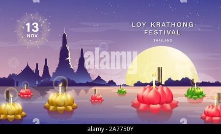 Loy Krathong Festival vettore. Thailandia tradizione la notte su sfondo blu. Illustrazione Vettoriale