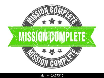 Missione completa timbro rotondo con nastro verde. missione completa Illustrazione Vettoriale