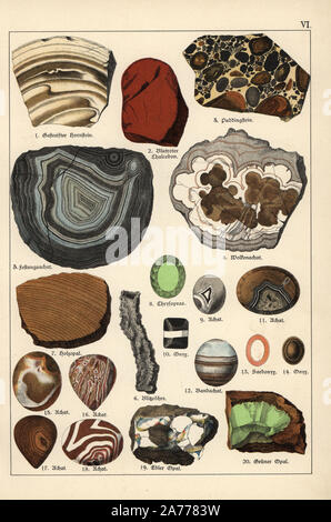 Pietre preziose e cristalli compresi conglomerato, fortificazione agata, nuvoloso agata, chrysoprase, agata, nastrati agata, Onyx, legno opal, fulgurites, sardonica e opale. Chromolithograph dal dottor Aldolph Kenngott "ineralogy' Sezione in Gotthilf Heinrich von Schubert 'Naturgeschichte,' Schreiber, Monaco, 1886. Foto Stock