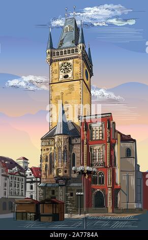 Vettore colorato disegno a mano illustrazione del Municipio della Città Vecchia di Praga. Di Praga, Repubblica Ceca. Illustrazione Vettoriale di di Praga. Illustrazione Vettoriale