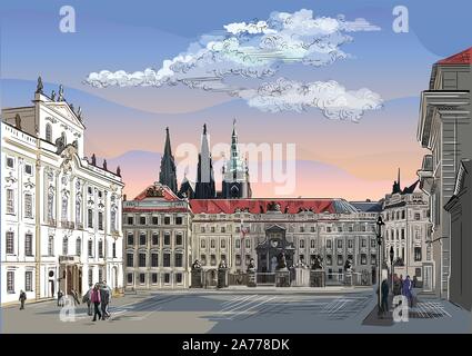 Vettore colorato disegno a mano illustrazione della Piazza Hradcany. La gate centrale del castello di Hradcany. Di Praga, Repubblica Ceca. Vector olor Illustrazione Vettoriale