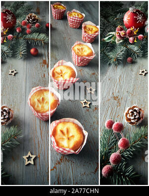 Collage di Natale snack dolci: limone mini muffin in involucri a scacchi sul tavolo rustico con decorazioni di Natale in rosso e verde. Foto Stock