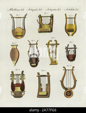 Antichi Greci e Romani strumenti musicali: diverse forme di arpe o 1,3,4,5,7,8,10 cetre e arpe in forma di chitarre 2,6,9. Handcolored incisione su rame da Friedrich Johann Bertuch's Bilderbuch fur Kinder (Picture Book per bambini), Weimar, 1802. Foto Stock