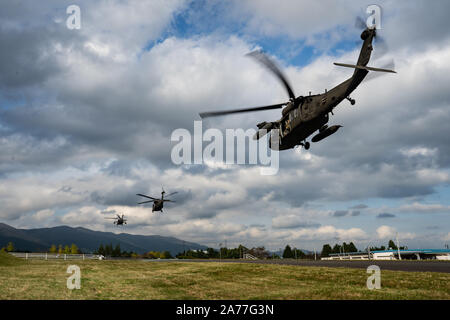 Stati Uniti Esercito Sikorsky UH-60 i falchi nero prendono il volo durante il Black Hawk di formazione di integrazione come parte dell esercizio Fuji Viper 20-1 su Camp Fuji, Giappone, 28 ottobre 2019. Fuji Viper è regolarmente un programma di formazione evoluzione per le unità di fanteria assegnato alla terza divisione Marine come parte della distribuzione di unità di programma. La formazione di unità consente di mantenere la loro letalità e proficiency in fanteria e combinato di armi tattiche. (U.S. Marine Corps foto di Cpl. Timothy Hernandez) Foto Stock