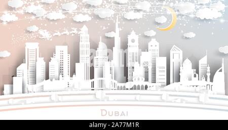 Dubai EMIRATI ARABI dello skyline della città in carta tagliata stile con i fiocchi di neve, luna e Neon Garland. Illustrazione Vettoriale. Natale e Anno Nuovo concetto. Santa Claus. Illustrazione Vettoriale