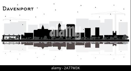 Davenport Iowa City Skyline Silhouette con edifici di colore nero e di riflessioni isolato su bianco. Illustrazione Vettoriale. Business Travel. Illustrazione Vettoriale