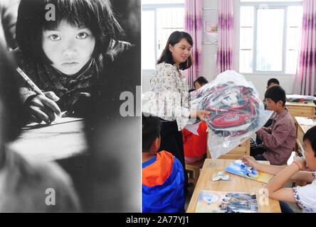 (191031) -- PECHINO, Ott. 31, 2019 (Xinhua) -- Combo mostra fotografica su Mingjuan in classe in questa foto promozionale della speranza Progetto (L, file foto di Xie Hailong) e su regali per gli studenti di Jinzhai Sanhe scuola sperimentale, la sua alma mater in Jinzhai, est cinese della provincia di Anhui, 29 maggio 2019 (R, foto di Wong Congqi). Su Mingjuan, dal retroterra delle montagne Dabie, è diventato un simbolo del Progetto Speranza quando questo innocente foto del suo(foto a sinistra) spostato il paese negli anni novanta.Dopo la laurea dall'università, su è stata impiegata presso una banca e ogni anno lei e fornisce il denaro per gli aiuti stude Foto Stock