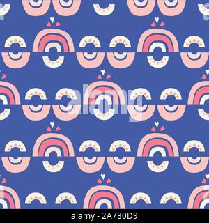 Vettore ripetere senza giunture di arcobaleni stilizzati e cuori in una fila. Carino disegnato a mano design meteo lo sfondo ideale per i bambini. Illustrazione Vettoriale