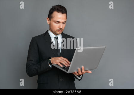 Imprenditore studio isolato permanente su grigio lavorando su laptop concentrata Foto Stock