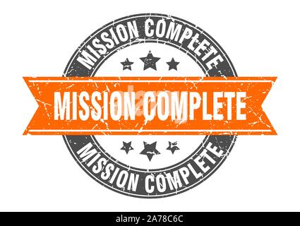 Missione completa timbro rotondo con nastro arancione. missione completa Illustrazione Vettoriale
