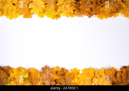 Autunno sfondo composizione .telaio di rusty secchi di foglie di quercia con centro vuoto per per il testo . Vista superiore, piatto posare , spazio copia . Foto Stock