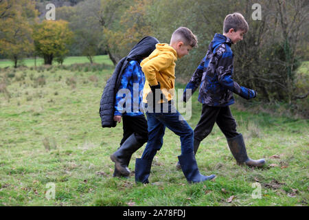 Famiglia bambini ragazzi ragazzi bambini che camminano in gruppo la campagna a metà periodo in autunno nel Carmarthenshire Galles Regno Unito Gran Bretagna KATHY DEWITT Foto Stock
